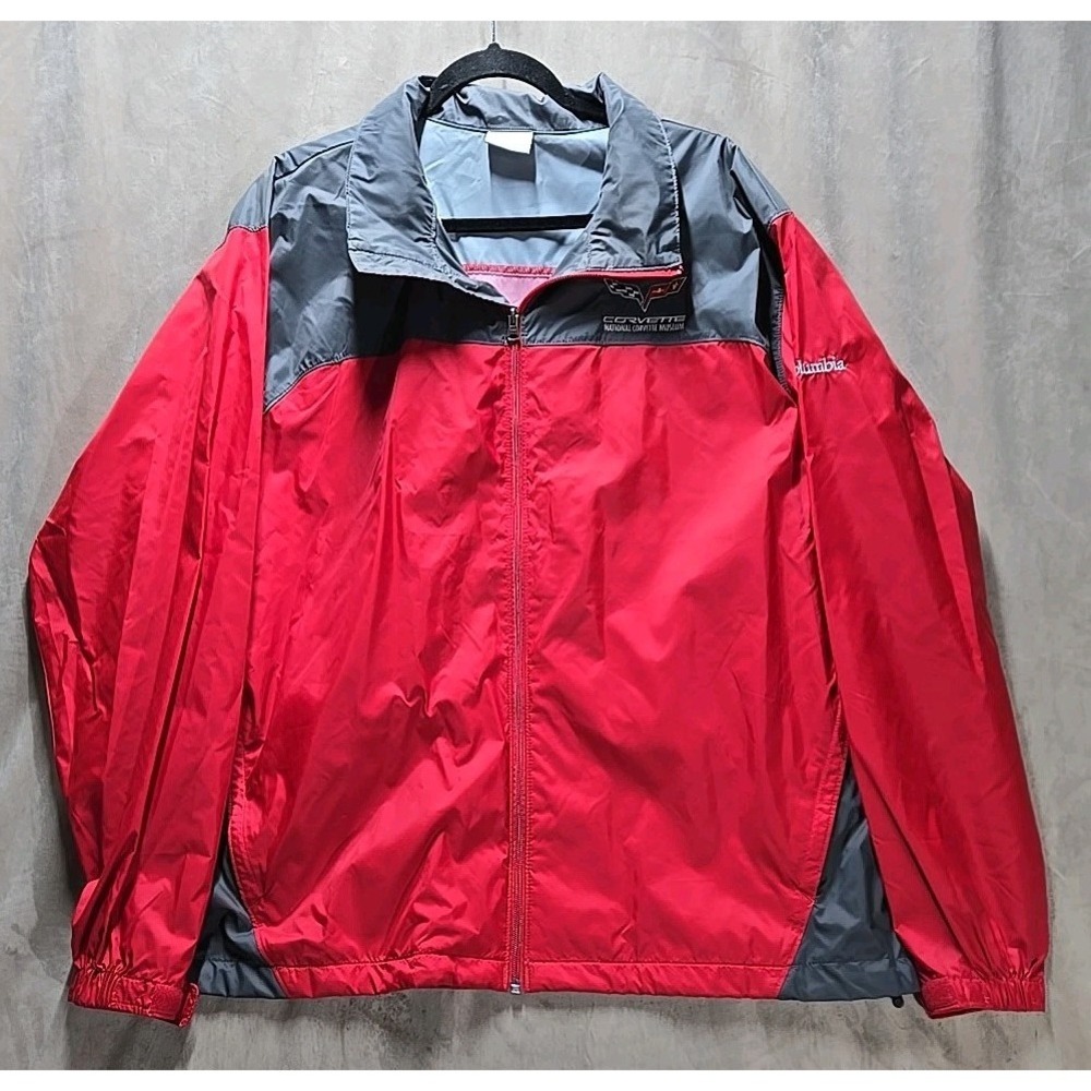 Columbia Windbreaker Full Zip Nylon Corvette Jacket With Hood Mens‎ XL Gray Red
